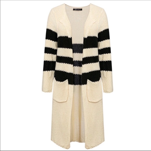 Ivory & Black Stripe Long Cardigan - Picture 6 of 8